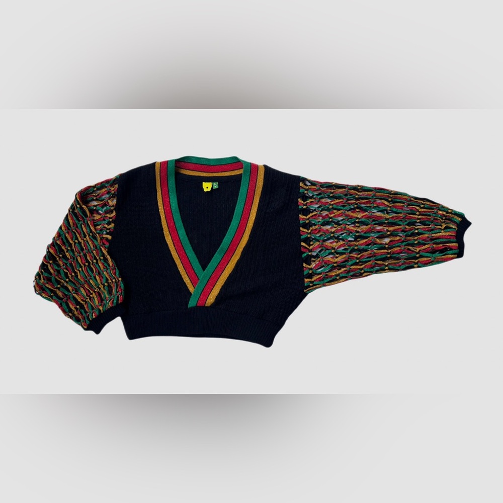 Farm Rio Knit Crop Top with Metallic Shimmery Colar & Sleeves